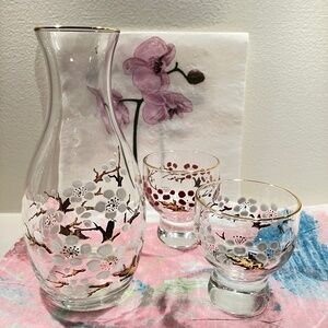 VINTAGE, JAPANESE GLASS, 3 pieces sake set, gold rim